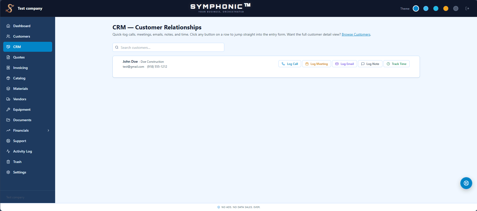 SYMPHONIC customer record with an activity timeline of calls, meetings, and emails.