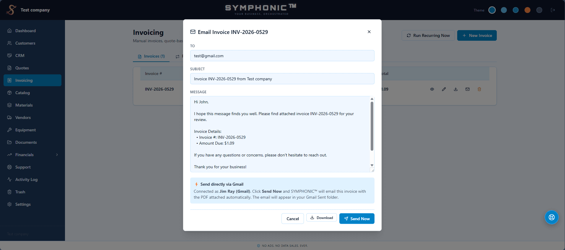 SYMPHONIC quote builder with line items and a generated PDF.